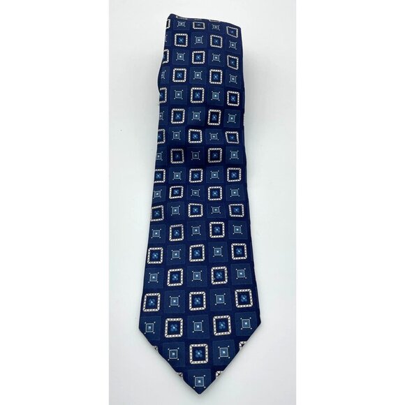 Hugo Boss Mens Blue Geometric Pattern Silk Jacquard Tie Made In Italy - Picture 1 of 8